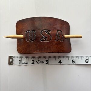 Brown Leather Hair Clip with USA stamped Design